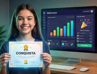 Aluna mostrando conquista semanal e evolução de desempenho
